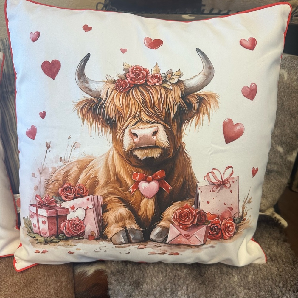 Valentine's Day highland Cow Pillow with Hearts and Gifts